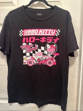 Old Navy Black Tee with Pink Hello Kitty Racing Graphic